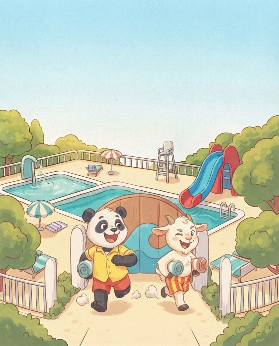 Pip de panda en Guus de geit rennen vrolijk het zonnige zwembad van Bamboezelo binnen door het toegangshek.