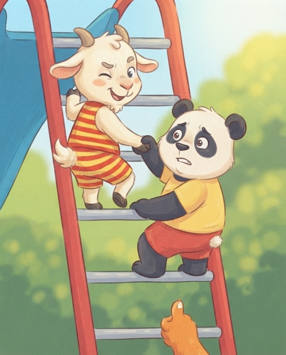 Pip en Guus klimmen samen de ladder van de grote glijbaan op, terwijl badmeester Otis onderaan zijn duim opsteekt.