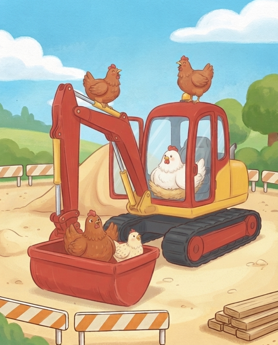 De rood-gele graafmachine staat stil in de Berenkuil, met kippen in de bak, op het dak, op de arm en een dikke witte kip op de stoel in de cabine.