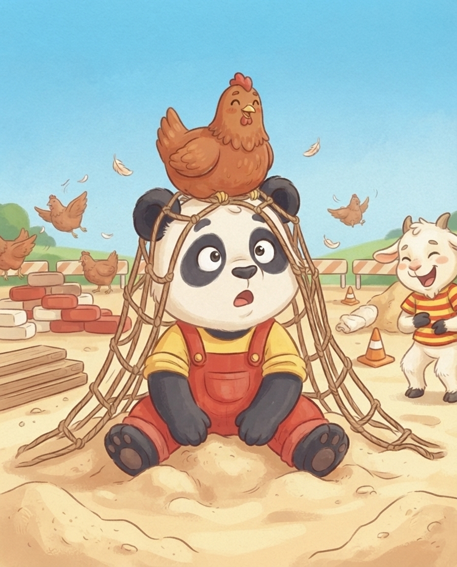 Pip zit in het zand met het net over zich heen en een bruine kip als hoedje op zijn hoofd, terwijl Guus dubbel ligt van het lachen.