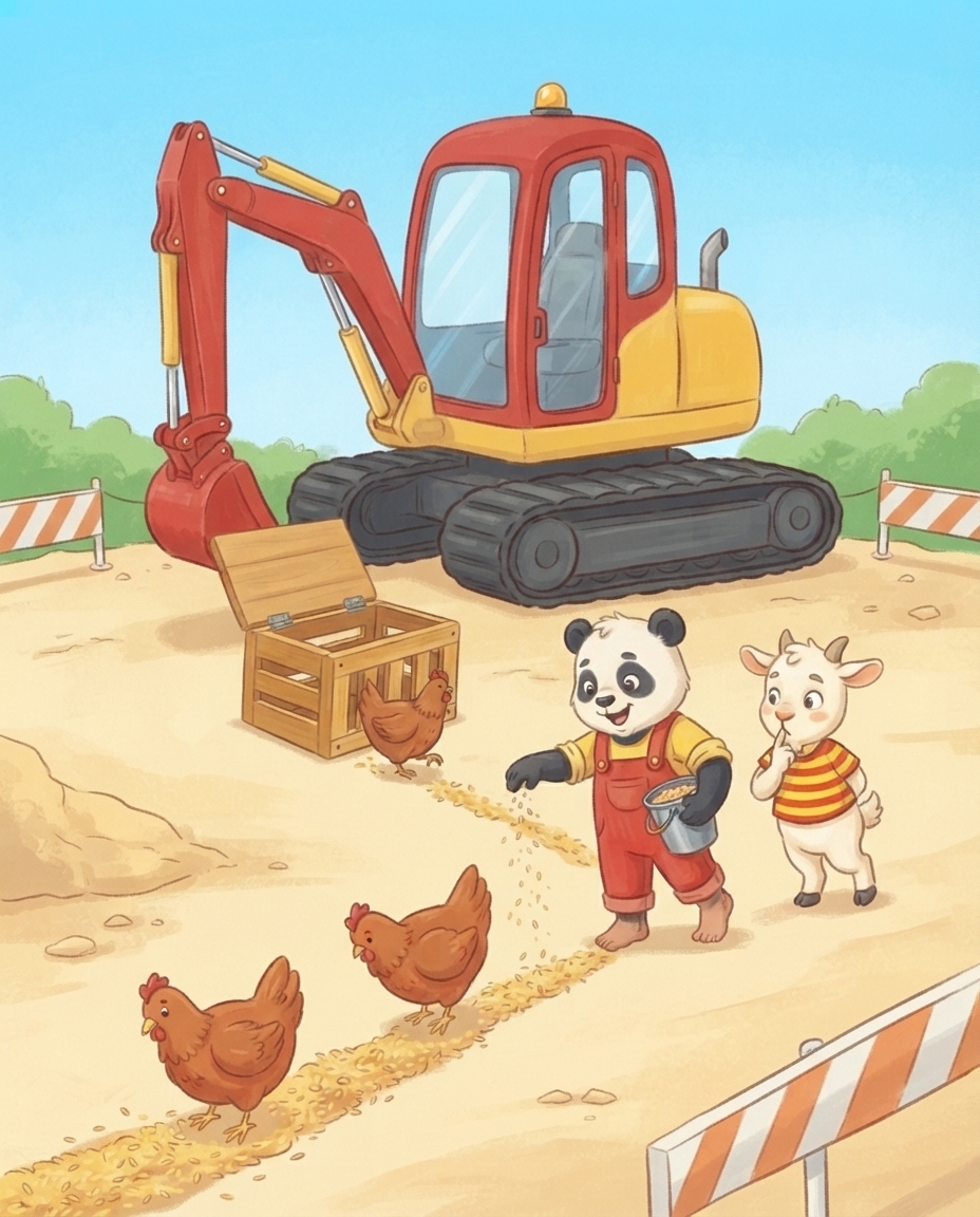Pip strooit op zijn tenen een spoor van graan naar de open kippenkist, Guus sluipt achter hem aan en drie bruine kippen pikken zich een weg naar binnen.