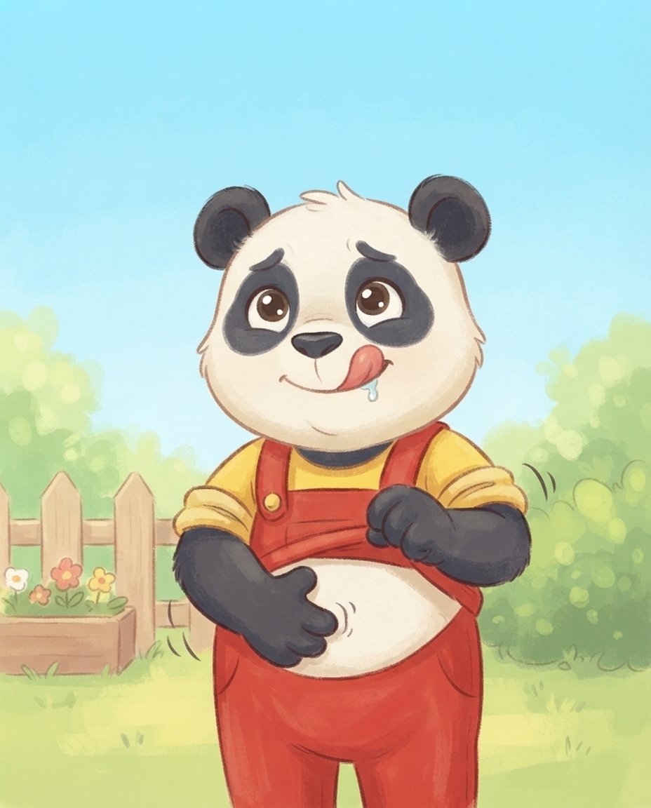 Pip staat groot in beeld in zijn zonnige tuin, met een poot op zijn rommelende buik, en likt hongerig zijn lippen.