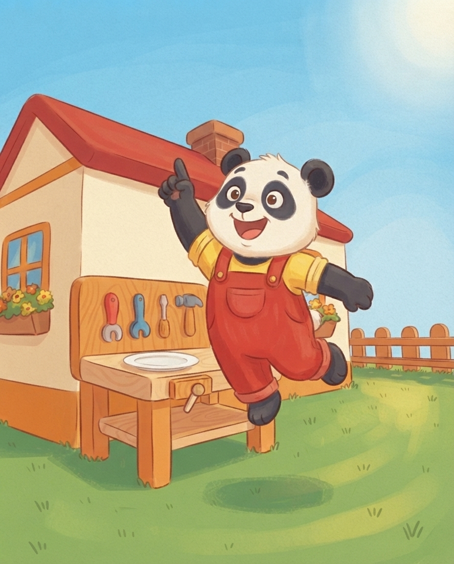 Pip springt op met een vinger omhoog omdat hij een idee heeft, naast een leeg bord op de werkbank.
