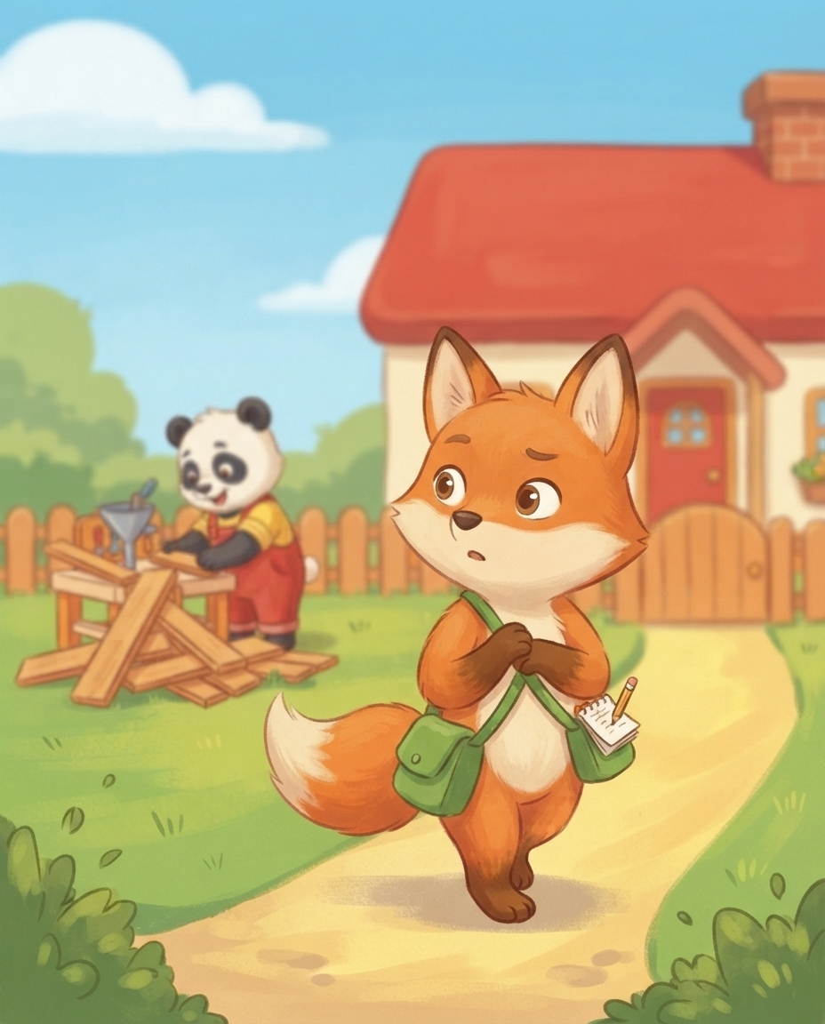 Fenna kijkt verbaasd om terwijl Pip op de achtergrond bij zijn huis met planken en een trechter rommelt.