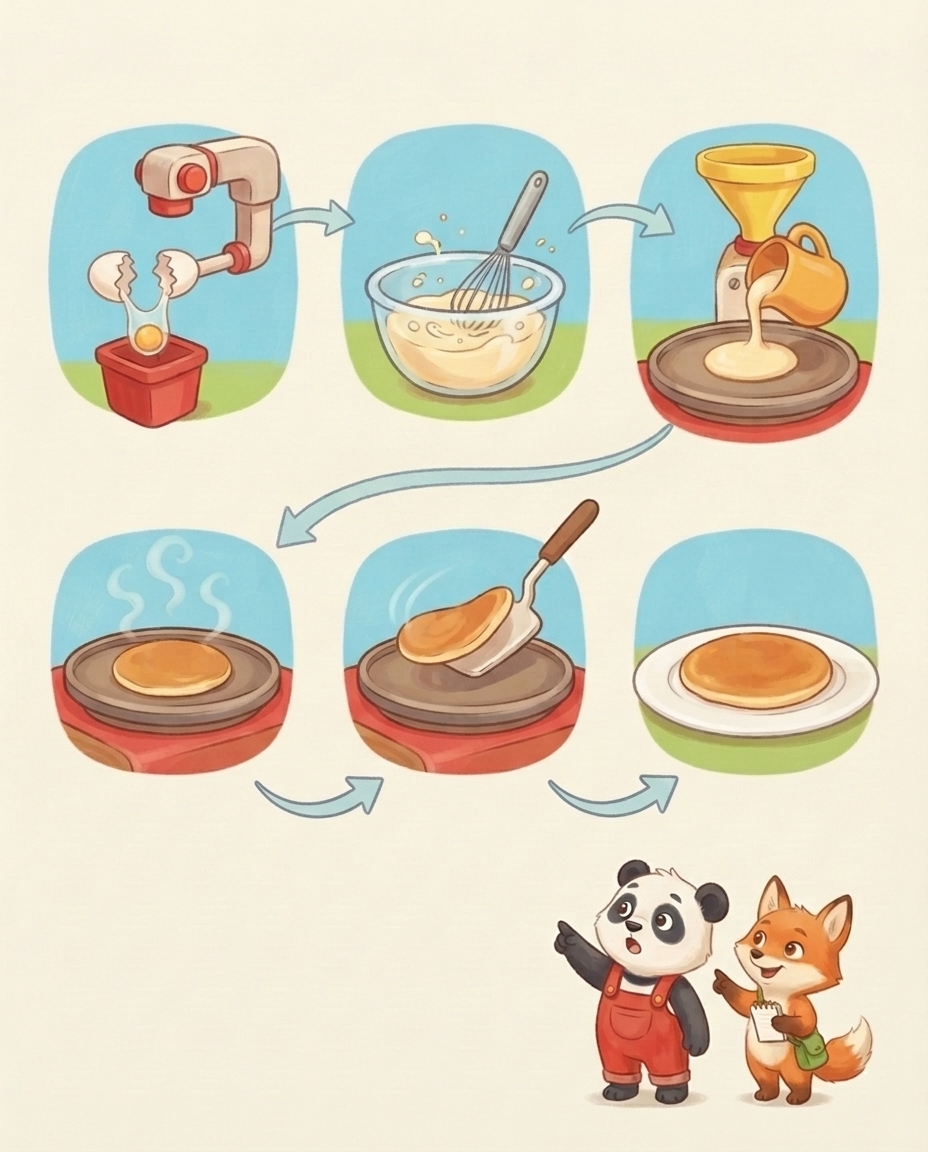 Een stap-voor-stap flowchart laat zien hoe de machine een pannenkoek maakt: ei splitsen, mixen, gieten, bakken, omdraaien en klaar.