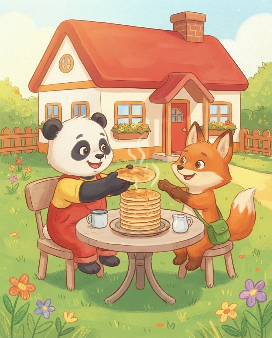 Pip geeft Fenna een warme pannenkoek bij een hoge dampende stapel op de tuintafel.