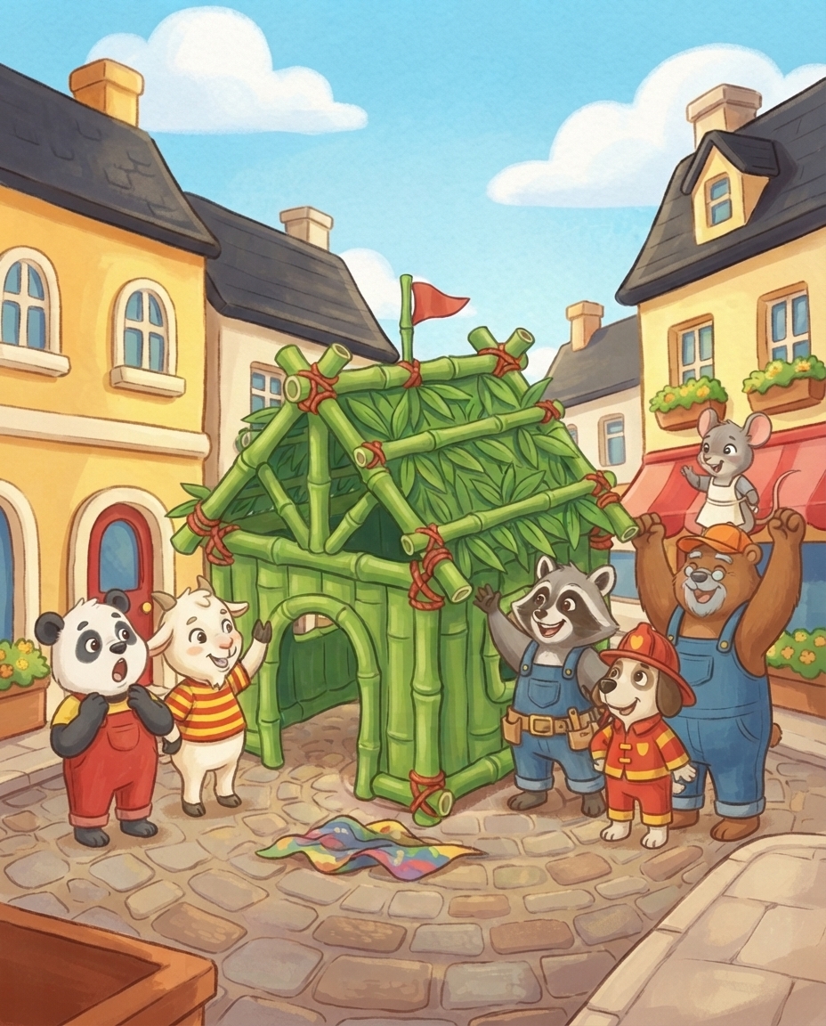 Het doek valt en onthult een mooie speelhut van bamboe, met alle vrienden die er juichend omheen staan.