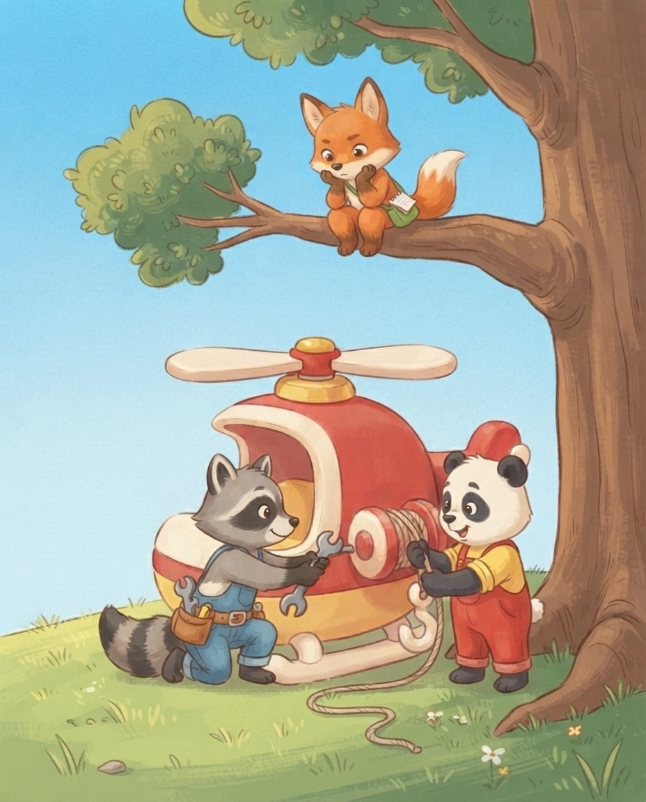 Roos en Pip bouwen de lier aan de helikopter onder de boom, terwijl Fenna van haar tak af toekijkt.