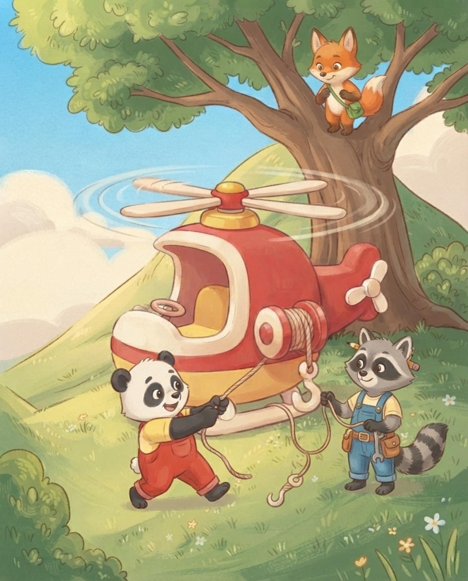 Pip haakt haastig de kabel aan de draaiende helikopter terwijl Roos het losse eind vasthoudt en Fenna vanuit de boom toekijkt.