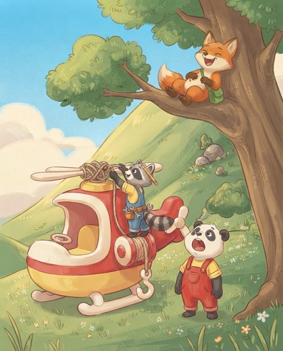 Roos plukt de geknoopte kabel uit de stilstaande wieken, Pip kijkt met open mond toe en Fenna ligt hoog in de boom te lachen.