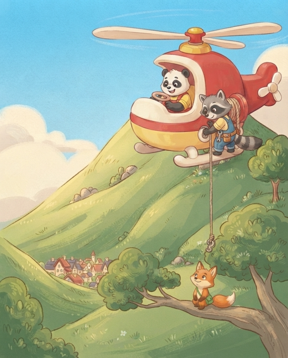 De helikopter hangt stil boven de berg terwijl Roos de haak laat zakken naar Fenna op haar tak.