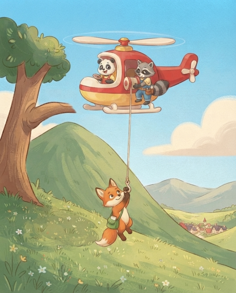 Fenna hangt aan de haak en zakt langzaam naar het bloemrijke gras, met de helikopter erboven.