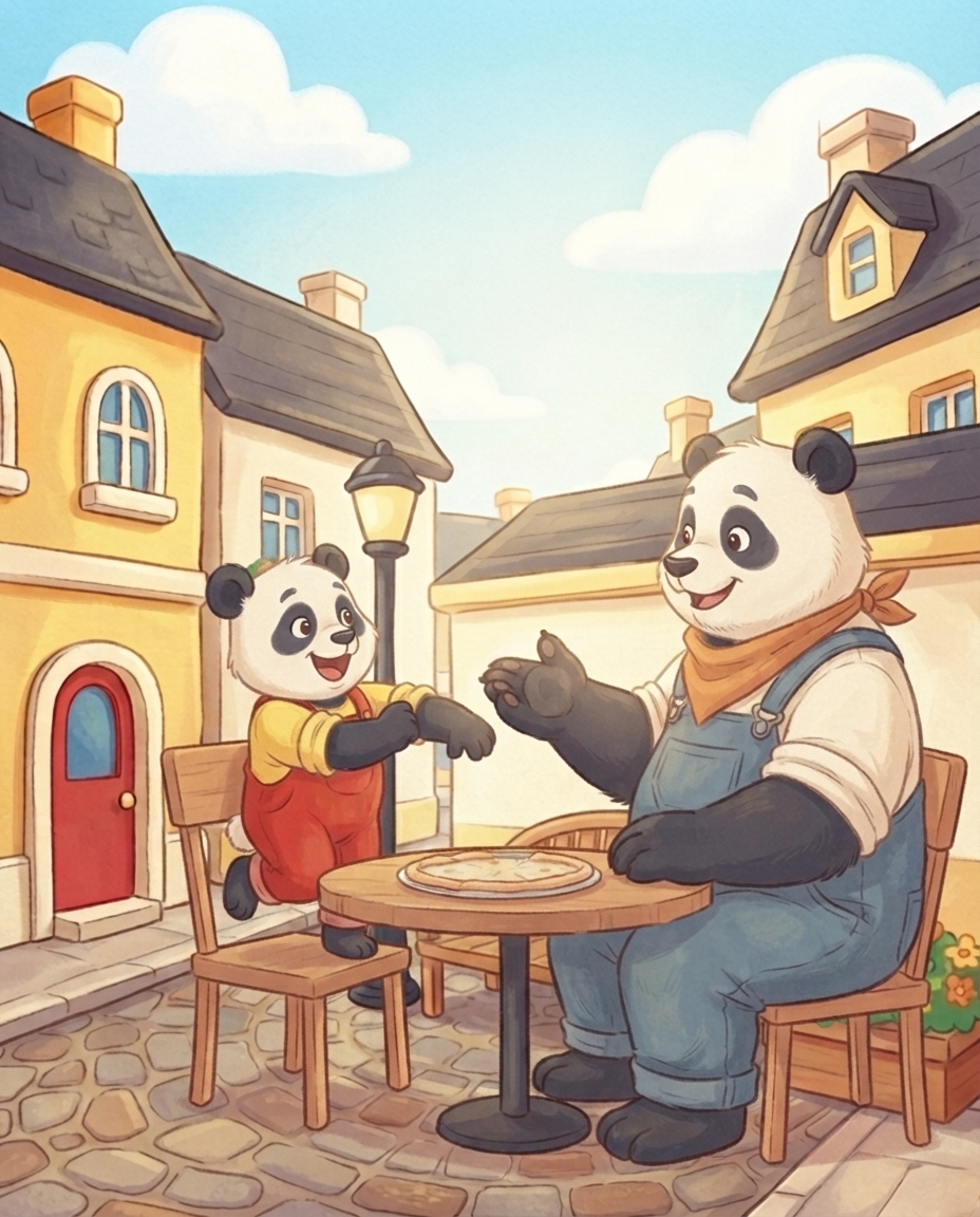 Pip en grote Papa Panda zitten in een zonnig hoekje van het plein aan een tafeltje met een leeg pizzabord, en Pip springt enthousiast op en stroopt zijn mouwen op.