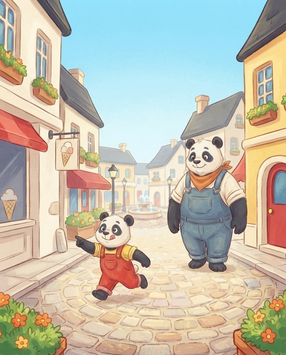 Pip huppelt vrolijk vooruit over het zonnige plein en wijst naar de ijssalon om de hoek, terwijl grote Papa Panda een paar stappen achter hem loopt.
