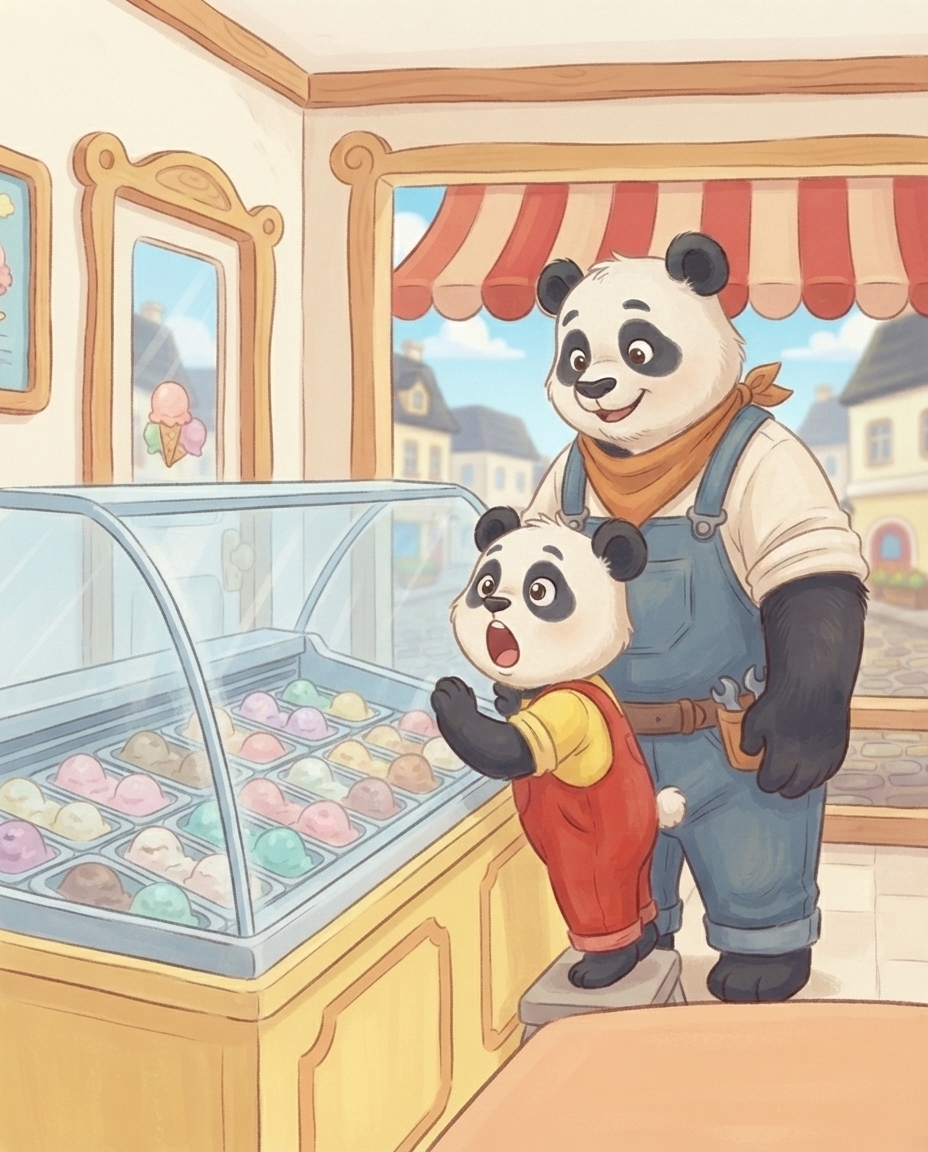 Pip drukt met grote, glinsterende ogen zijn neus plat tegen de koude glazen vitrine vol kleurige bollen ijs, terwijl grote Papa Panda glimlachend achter hem staat.