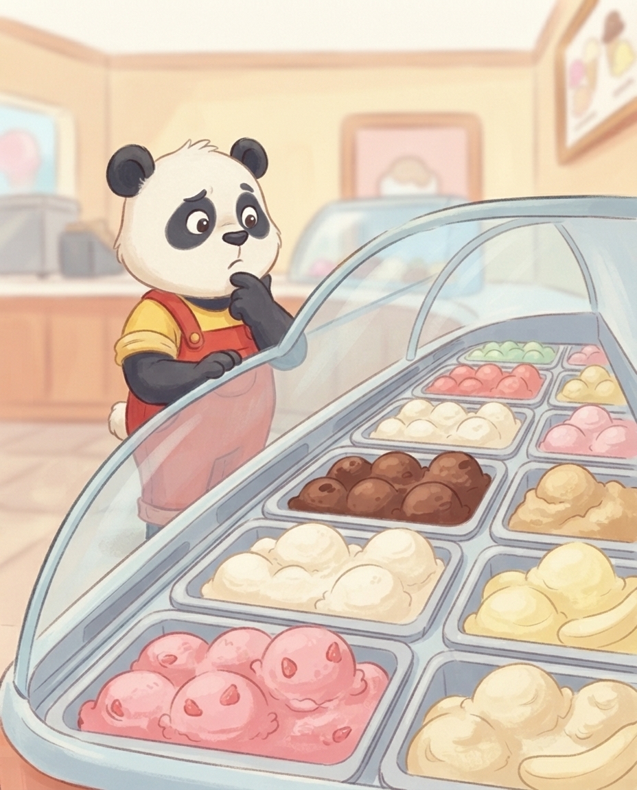 Pip kijkt met een peinzend, licht overweldigd gezicht en een pootje onder zijn kin langs de lange vitrine vol kleurige bollen ijs, en kan maar niet kiezen.