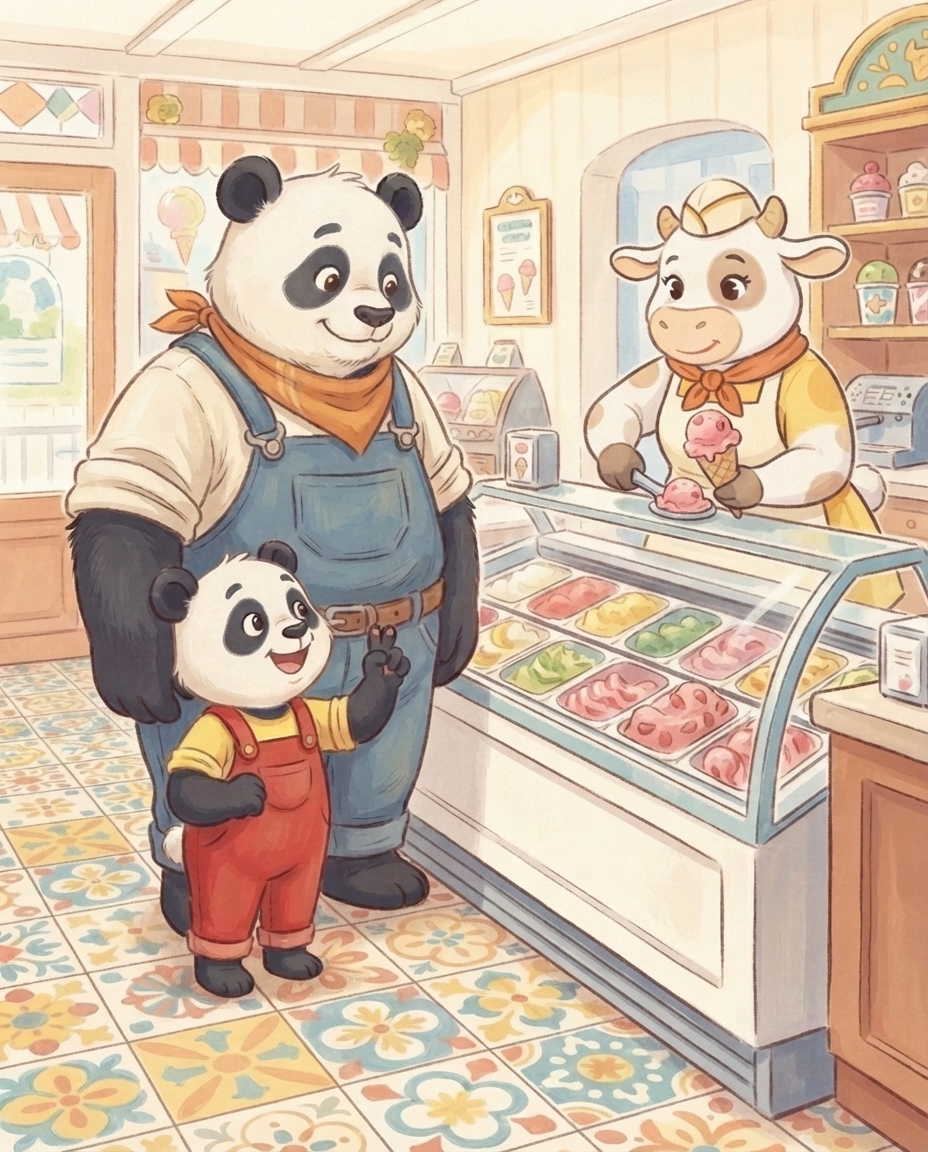De vriendelijke koe Bella schept met een lieve glimlach roze aardbeienijs achter de toonbank, terwijl Pip vrolijk twee vingers opsteekt voor twee bolletjes en grote Papa Panda naast hem knikt.