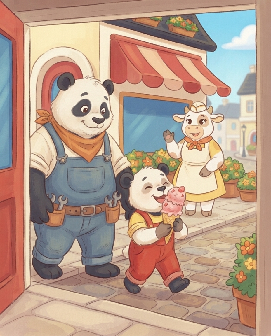 Pip stapt trots de ijssalon uit met een roze ijsje van twee bolletjes op een hoorntje en neemt met gesloten ogen een gelukkige eerste lik, terwijl Bella nazwaait en Papa Panda naast hem loopt.