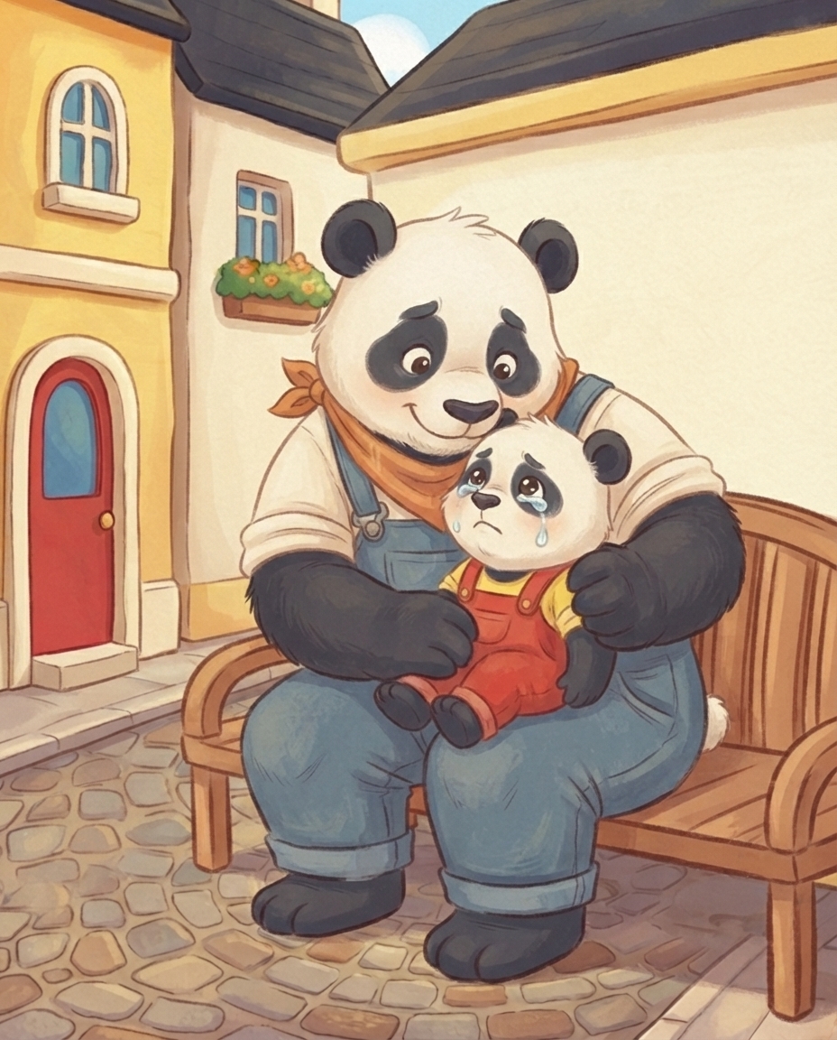 Papa Panda zit op het bankje met de huilende Pip op schoot en een grote poot zacht om hem heen, en kijkt hem lief en begripvol aan terwijl dikke tranen over Pips wangen rollen.