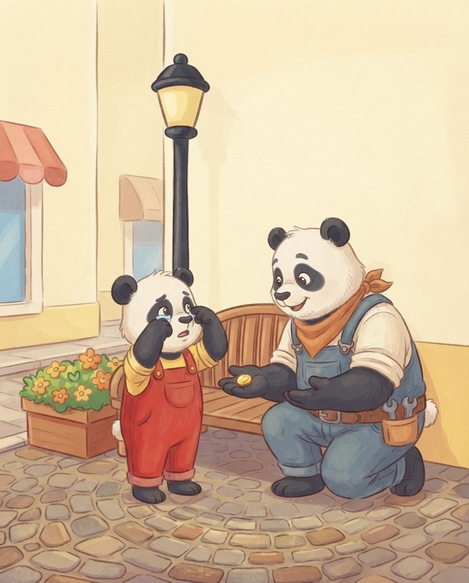 Pip veegt zijn laatste tranen weg en kijkt dapper omhoog, terwijl Papa Panda gehurkt op ooghoogte een muntje aanreikt en bemoedigend naar de ijssalon in de verte knikt.