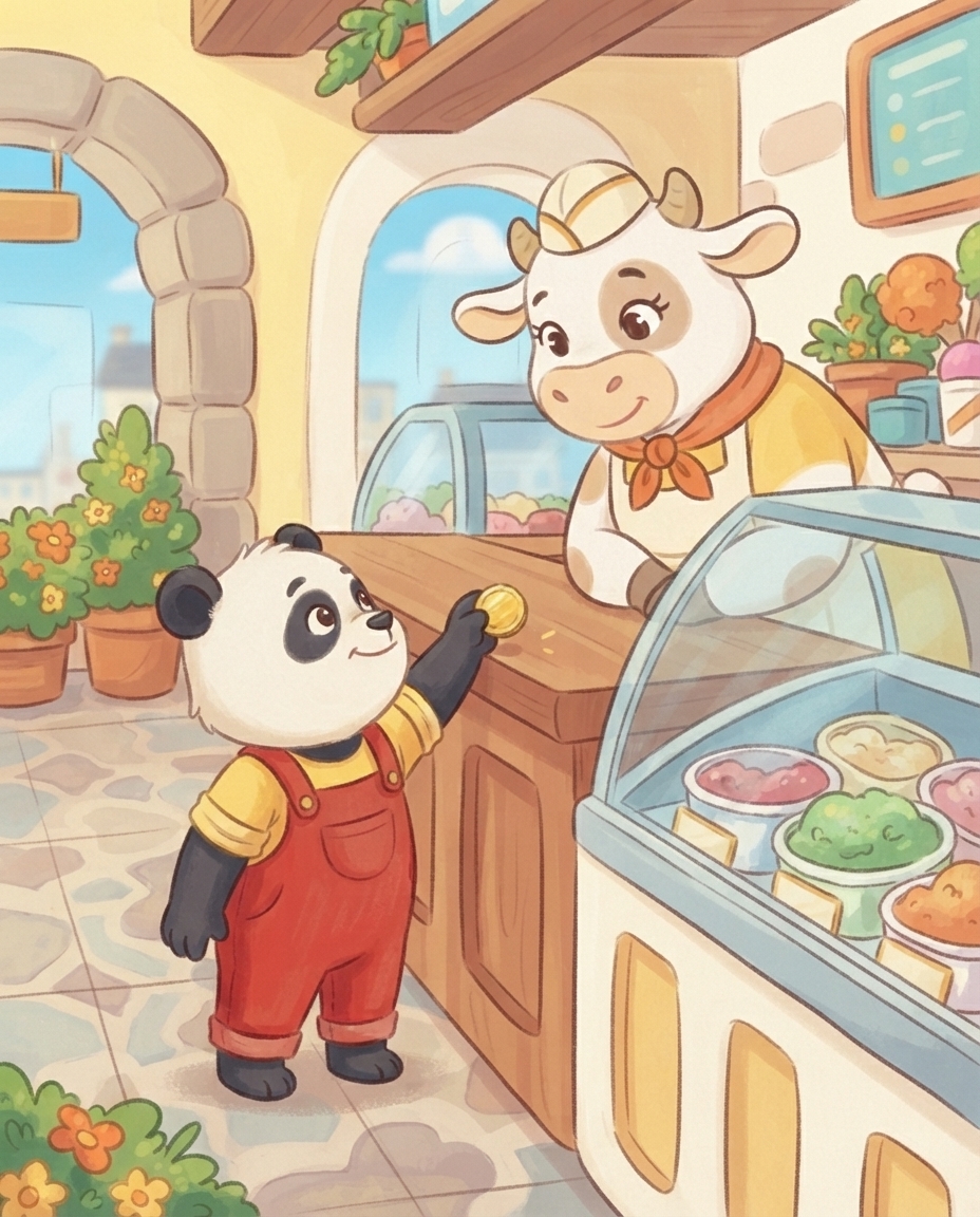 Piepkleine Pip staat dapper in zijn eentje aan de toonbank met een muntje in zijn pootje en zijn kin geheven, terwijl de vriendelijke koe Bella zich met een warme glimlach naar hem toe buigt.