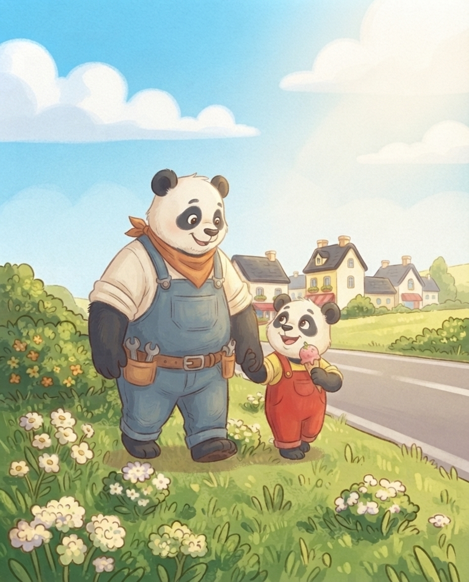 Pip loopt tevreden hand in hand met grote Papa Panda over de zonnige landweg naar huis, likkend aan zijn roze ijsje en met zijn mouwen weer naar beneden gestroopt.