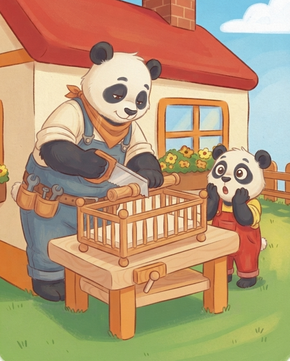 Papa Panda zaagt aan een klein houten bedje op het werkbankje, terwijl Pip er met grote ogen naar staart.