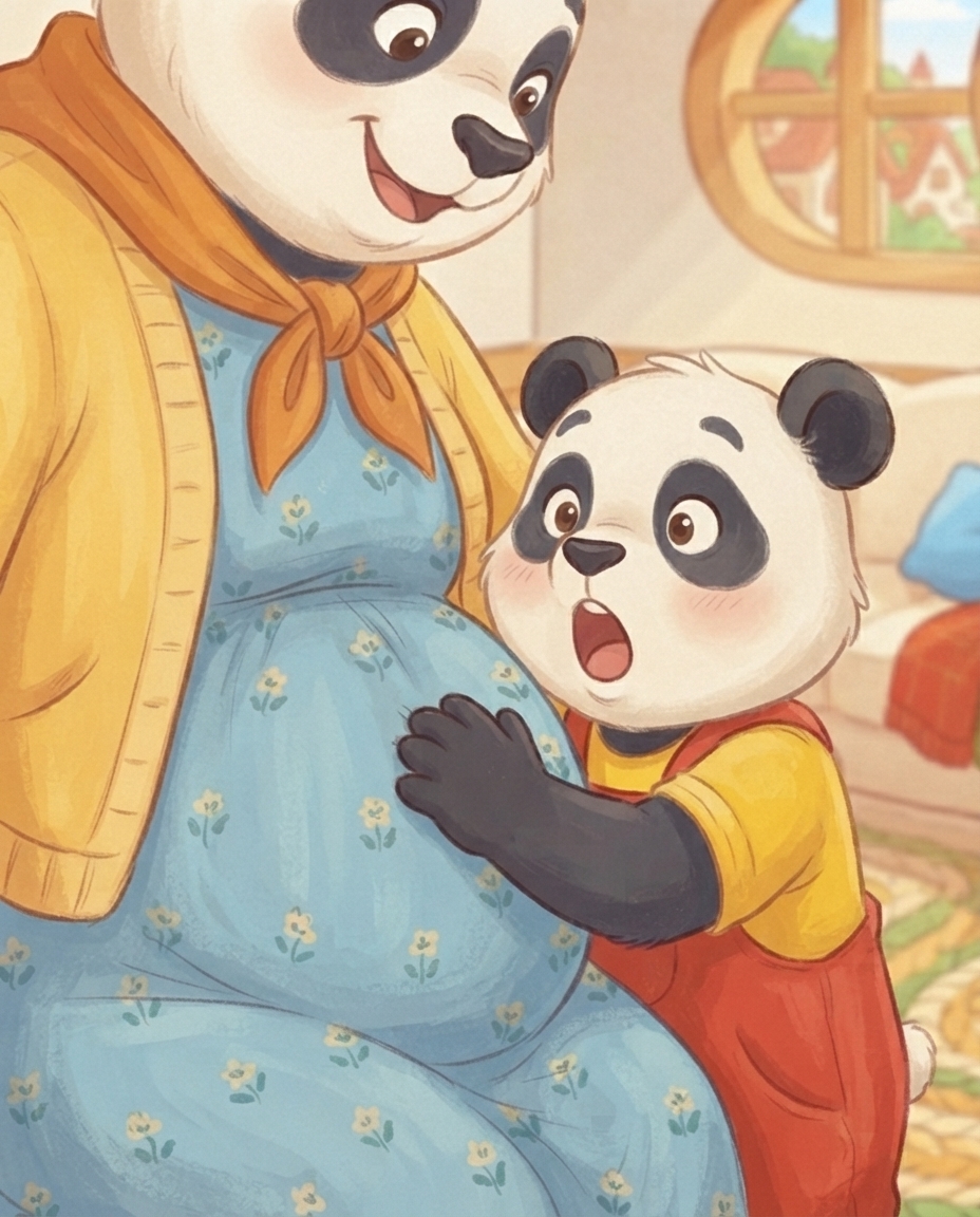 Close-up van Pips pootje op Mama Panda's ronde buik, met zijn mond open van verbazing en Mama die glimlachend op hem neerkijkt.