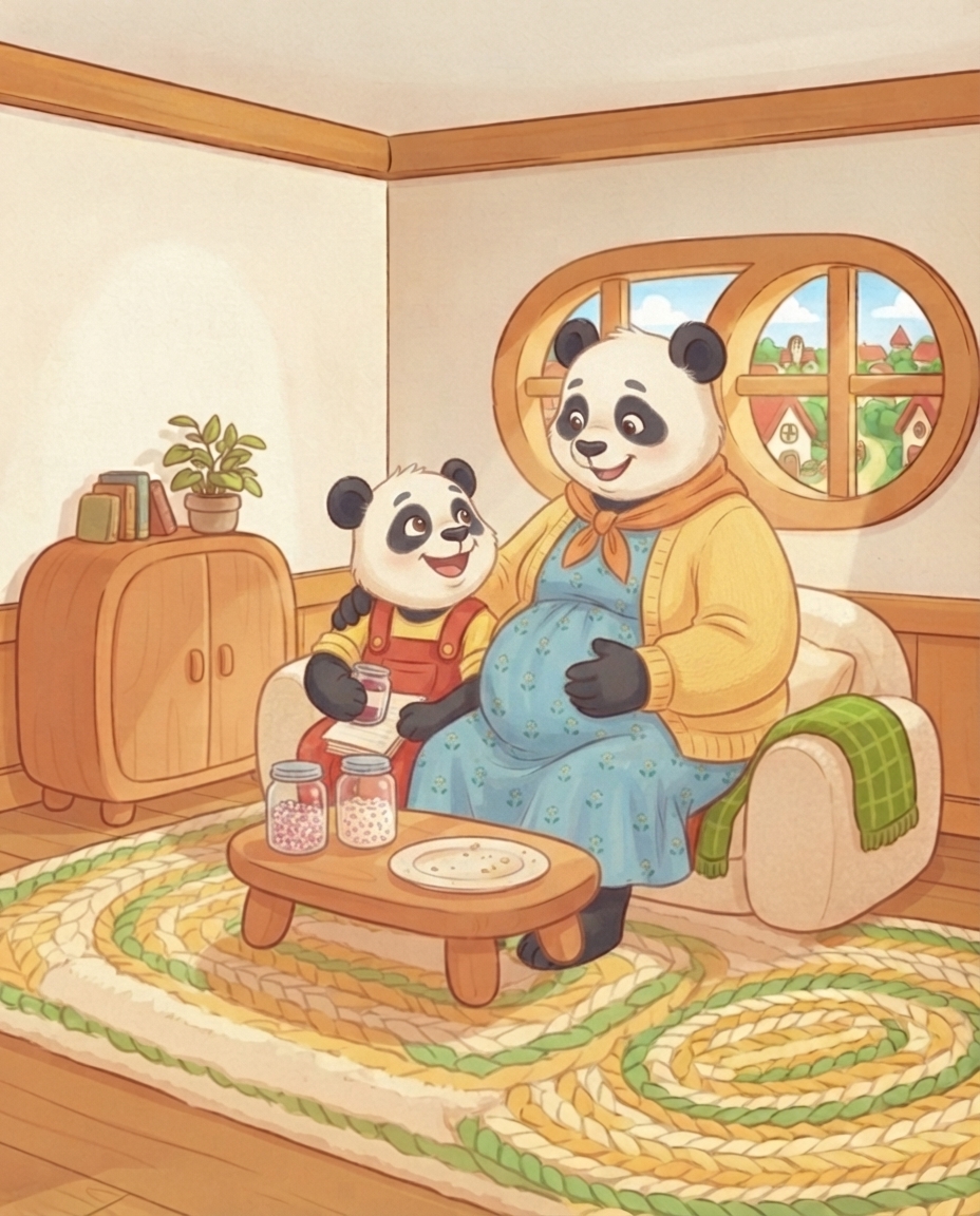 Mama Panda vertelt Pip met een arm om hem heen over de baby, met de twee potjes muisjes op het tafeltje ernaast.