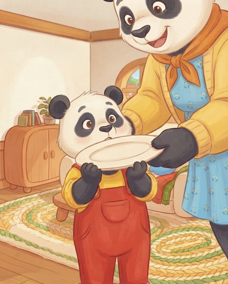 Close-up van een crèmekleurig bordje dat Mama Panda met twee grote poten overgeeft aan Pips twee kleine poten.