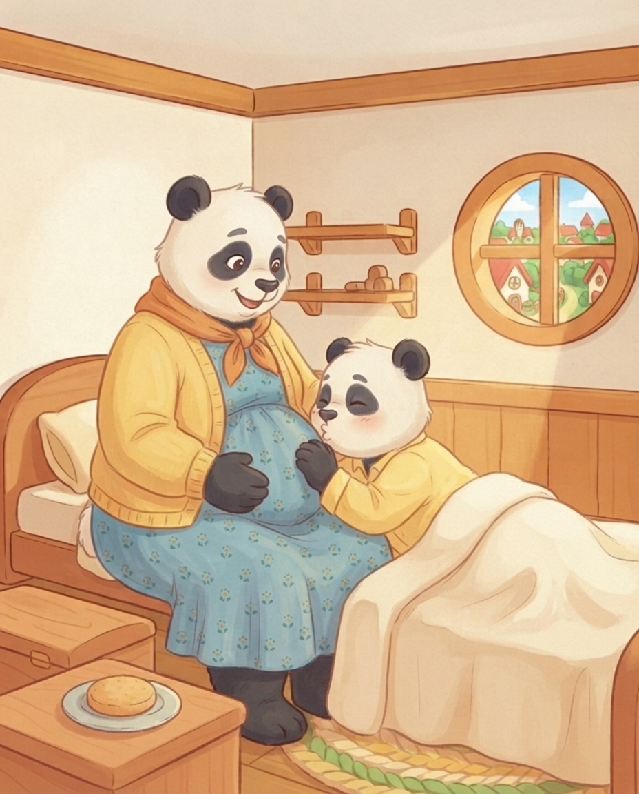 Pip ligt in bed en fluistert tegen Mama Panda's buik, met één beschuitje bewaard op het nachtkastje.
