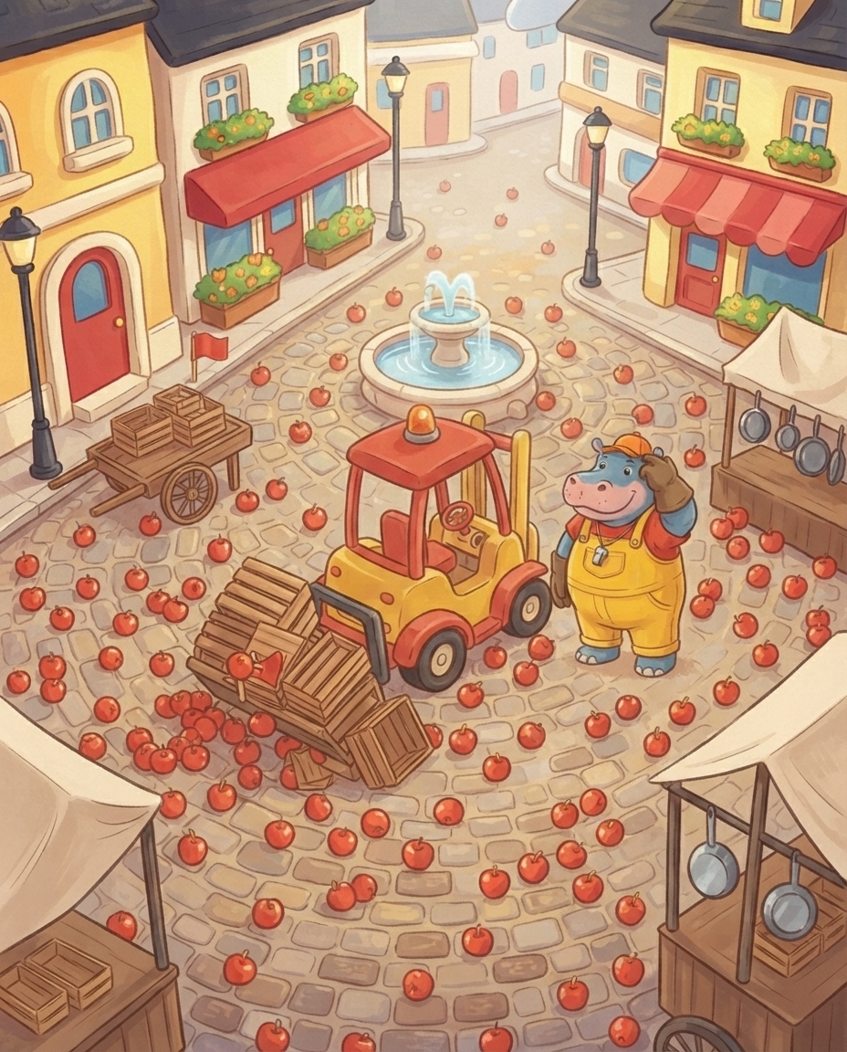Het zonnige marktplein ligt vol rode appels, terwijl de gele heftruck scheef tegen een omgevallen stapel kratten staat en Nel de Nijlpaard verbaasd achter haar oor krabt.