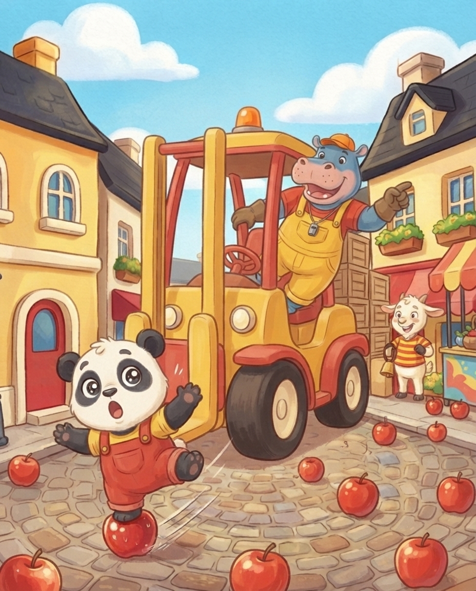 Pip glijdt bijna uit over een appel terwijl hij met open mond naar de grote gele heftruck kijkt, waar Nel uit de cabine naar vijf hoge stapels kratten wijst en Guus met een koeienbel toekijkt.