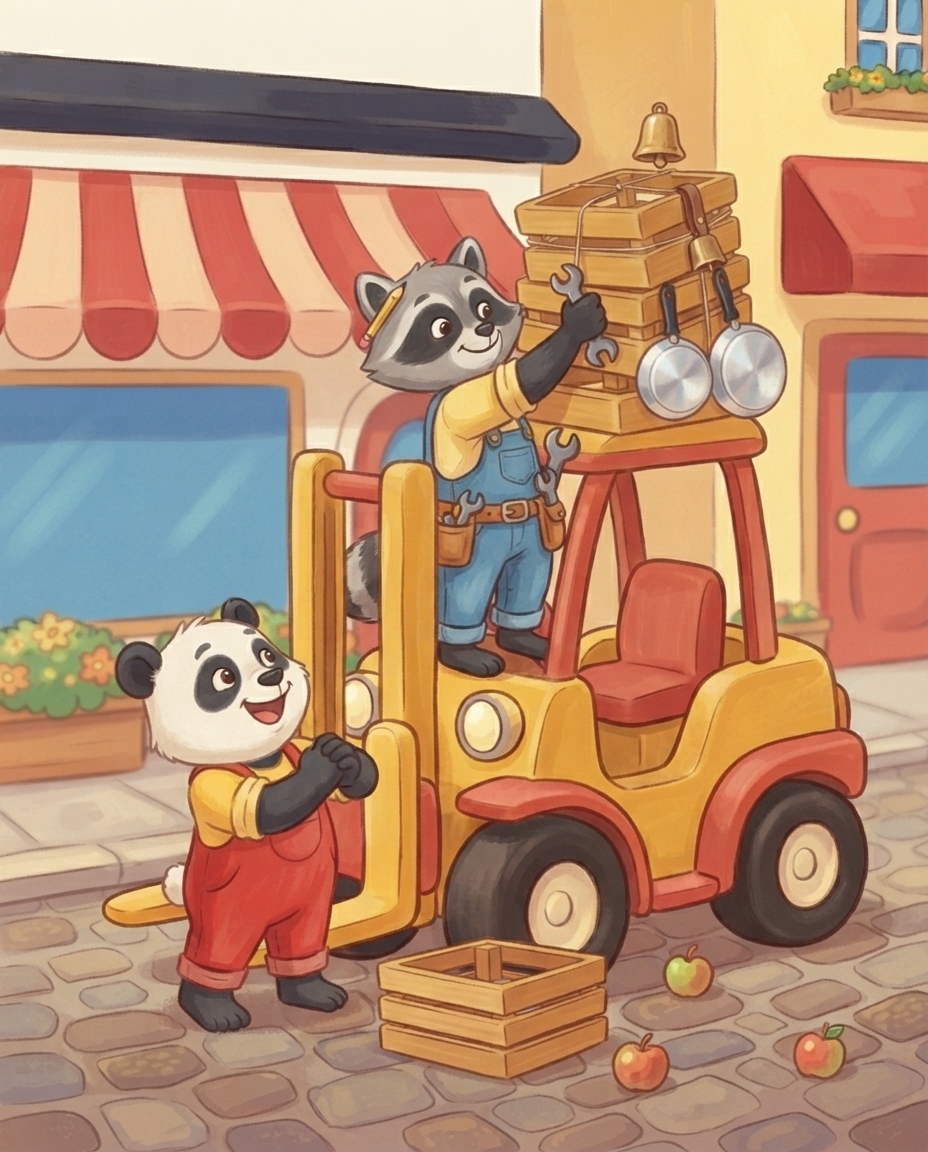Roos zet vanaf de treeplank eigenwijs een krat recht op de toren van kratten op de heftruck, terwijl Pip beneden enthousiast zijn gele mouwen opstroopt.