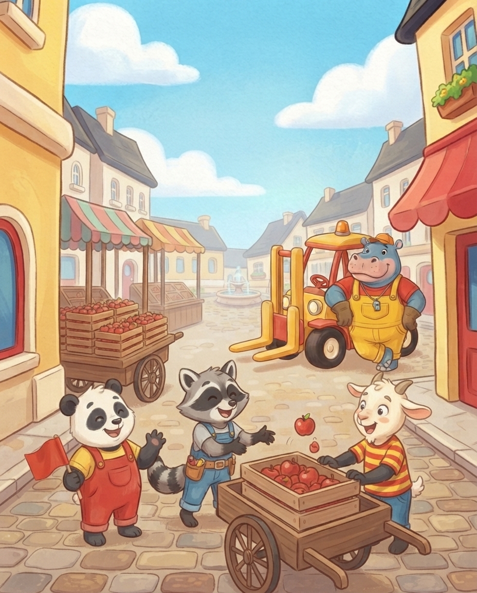 Het plein is weer schoon, vijf stapels kratten staan op de marktkar en Pip, Roos en Guus gooien lachend de laatste appels in een krat terwijl de markt opengaat.