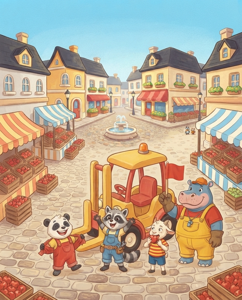 Op het volle, vrolijke marktplein met keurige kratten appels stroopt Pip lachend zijn mouwen naar beneden, terwijl het rode vlaggetje aan de cabine van de heftruck hangt en Roos, Guus en Nel juichen.