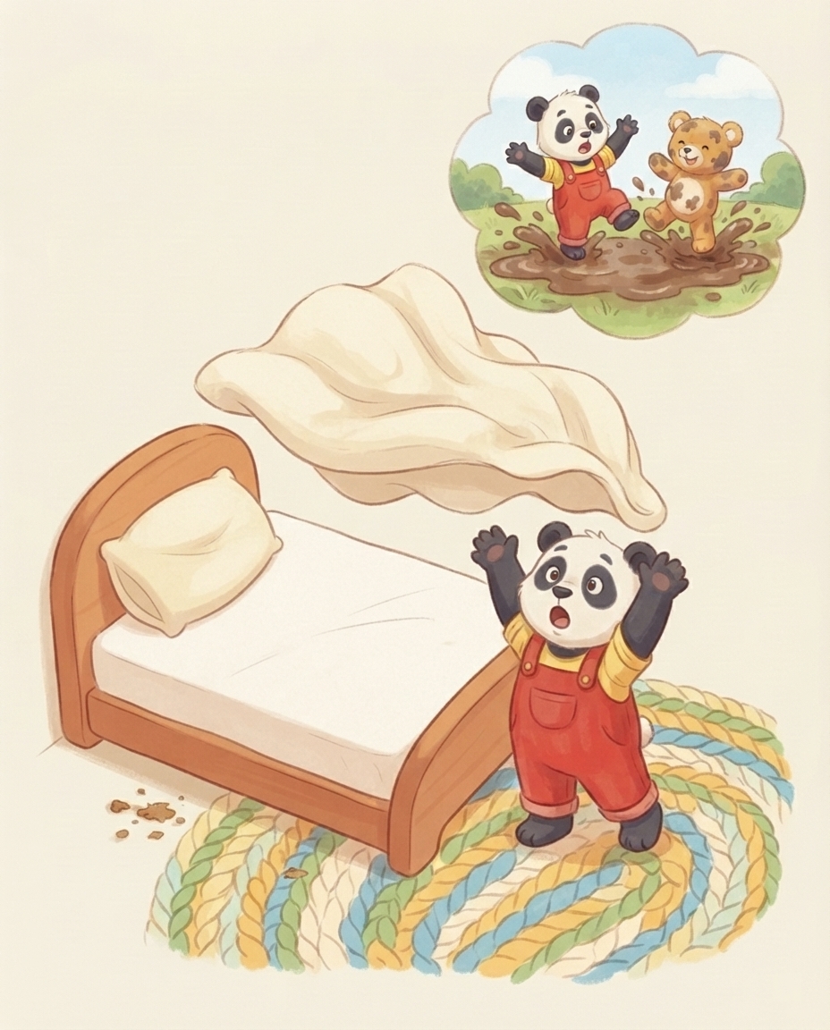 Pip gooit zijn dekens de lucht in. Op het kleedje liggen bruine kruimels, en in een droomwolkje springen Pip en Bam samen in een grote modderplas.