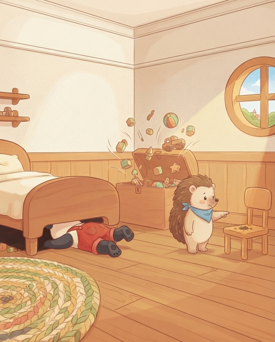 Pip ligt half onder zijn bed en de speelgoedkist vliegt leeg, terwijl Egon rustig naar een leeg stoeltje met modderkruimels wijst.