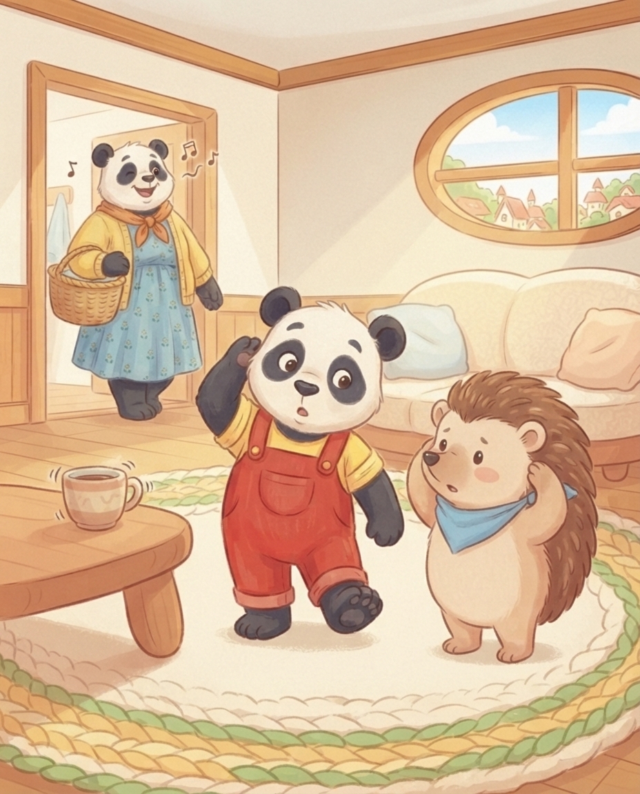 Pip en Egon houden in de woonkamer een pootje achter hun oor. Een kopje op tafel trilt, en in de deuropening loopt Mama Panda neuriënd voorbij met een lege wasmand.