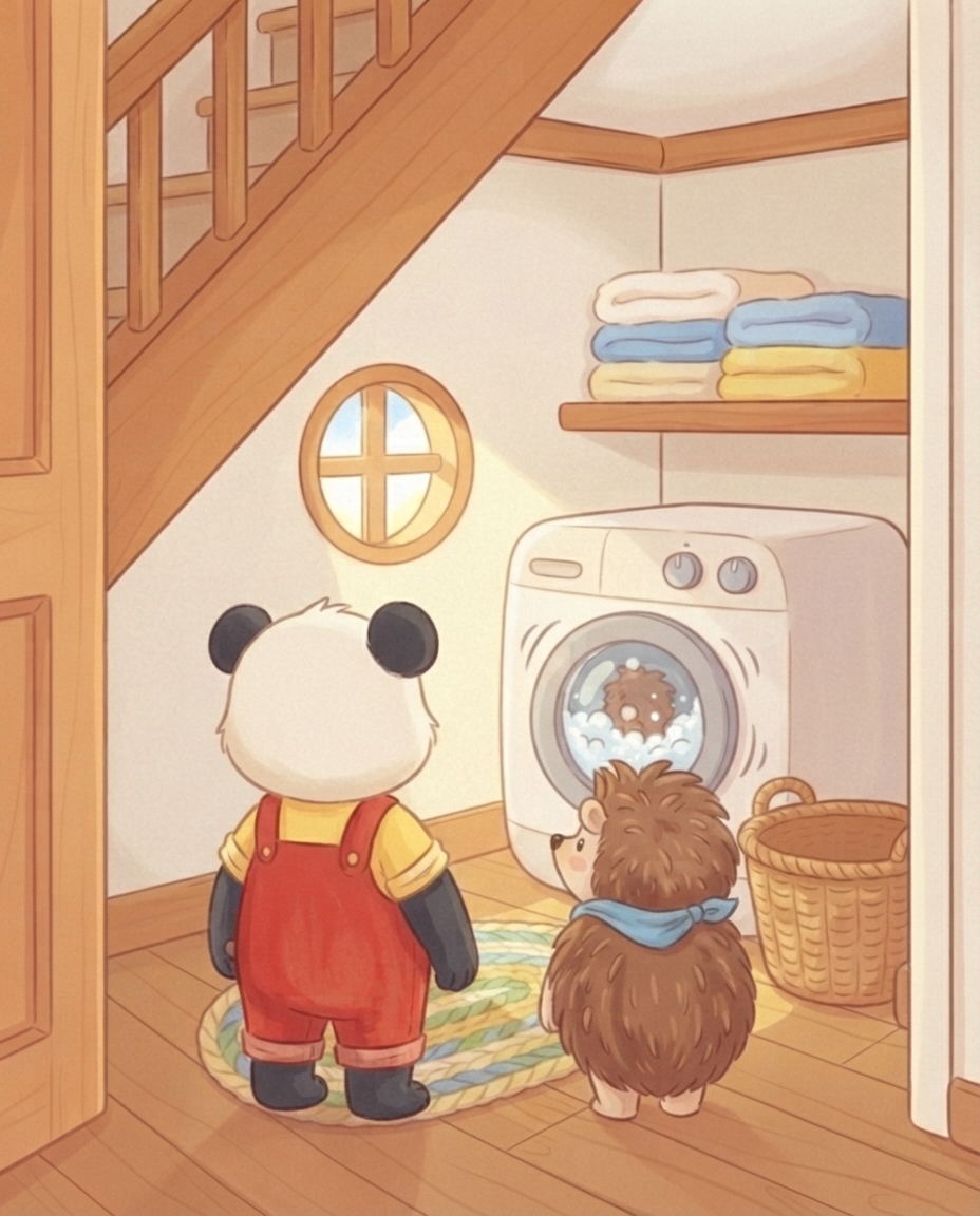 Pip en Egon staan met grote ogen in de deuropening van het washok. De witte wasmachine schudt, en achter het ronde raampje tolt iets bruins in het schuim.
