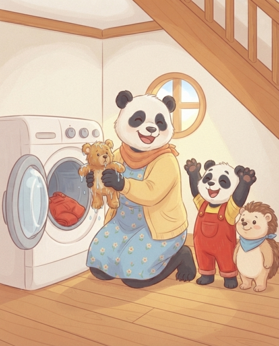 Mama Panda haalt Beertje Bam kletsnat maar schoon uit de wasmachine. Pip steekt blij zijn armen in de lucht en Egon lacht.