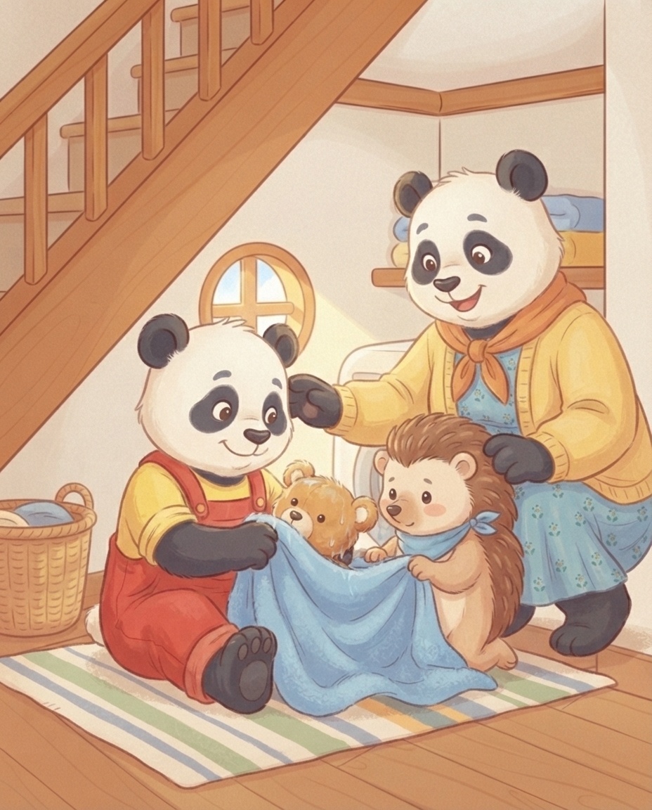 Pip zit op het kleedje en wrijft Beertje Bam voorzichtig droog met een zachte blauwe handdoek. Mama Panda en Egon kijken lief toe.
