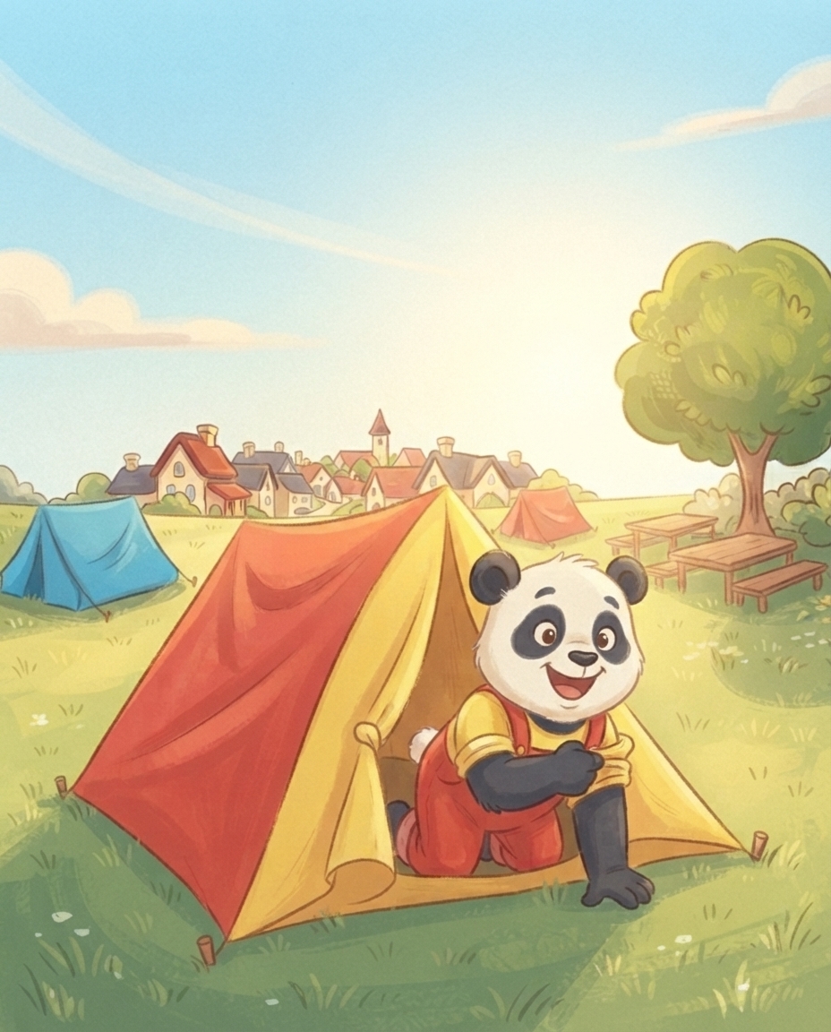 Pip kruipt 's ochtends vrolijk zijn eigen geel-rode tentje uit op de zonnige camping en stroopt zijn mouwen op.