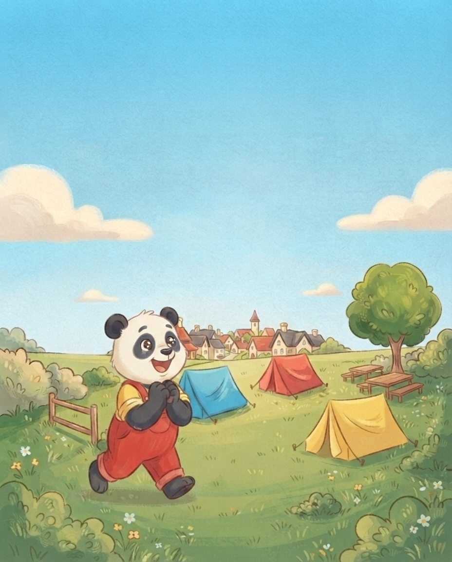 Pip loopt vol verwachting over het zonnige kampeerveld langs de vrolijke tentjes en droomt van het grote kampeerspel.