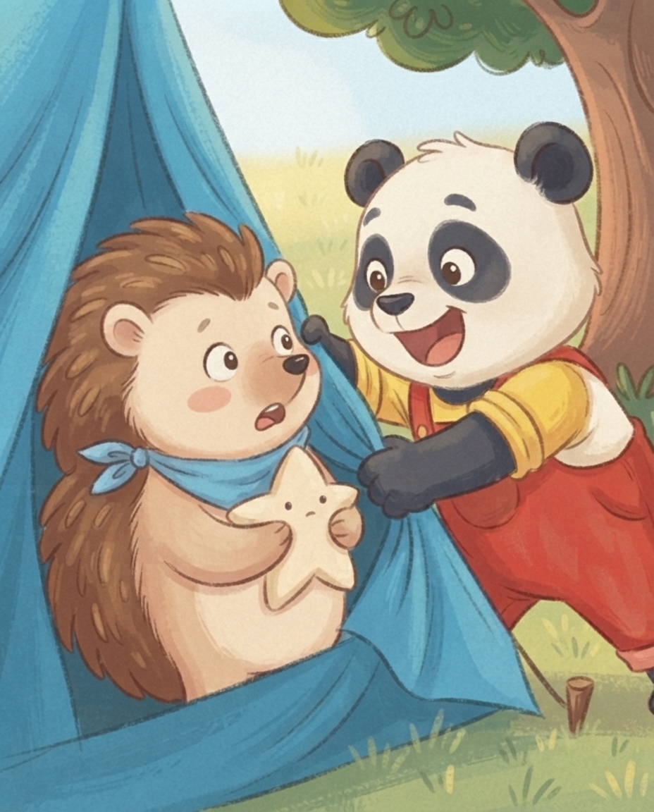 Pip trekt vrolijk maar veel te hard aan de tentflap en roept naar Egon, die geschrokken terugdeinst met zijn knuffel.