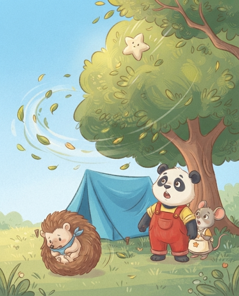 Een windvlaag blaast Egons sterren-knuffel hoog de boom in, terwijl het egeltje zich geschrokken oprolt tot een bolletje en Pip en Mimi omhoogkijken.