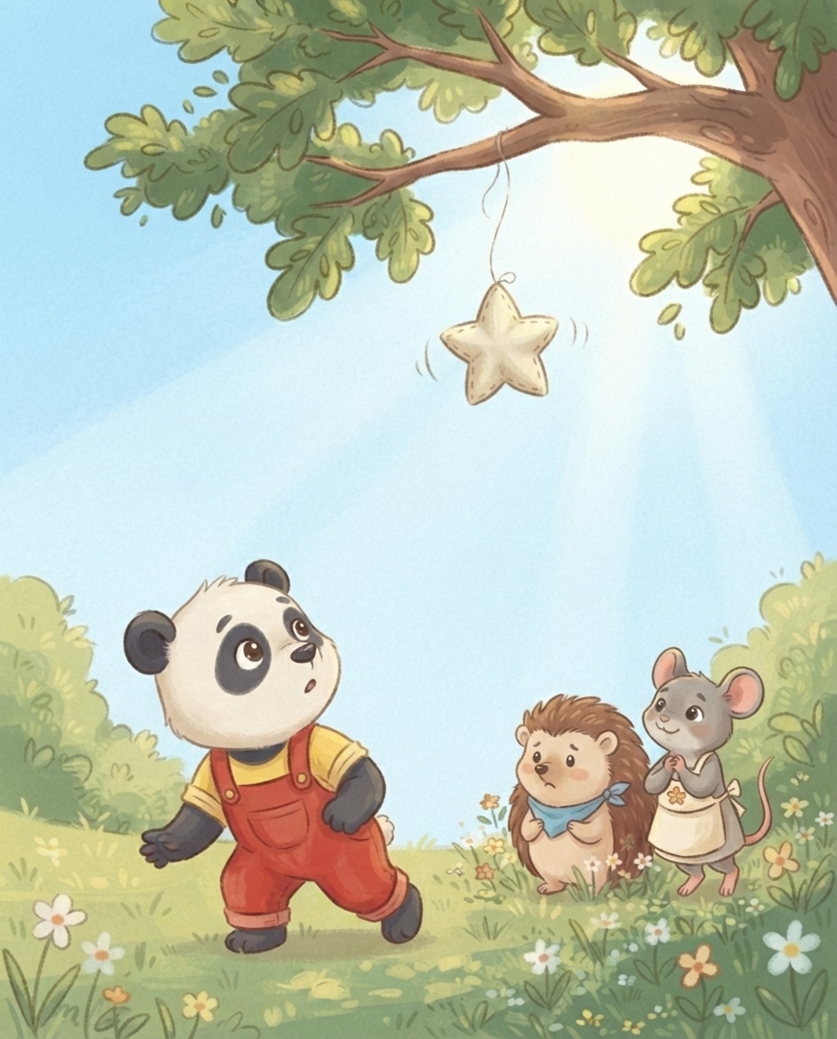 Egons sterren-knuffel hangt hoog aan een tak terwijl de wind eraan wiebelt en Pip er heel voorzichtig naartoe sluipt, met Egon en Mimi kijkend.