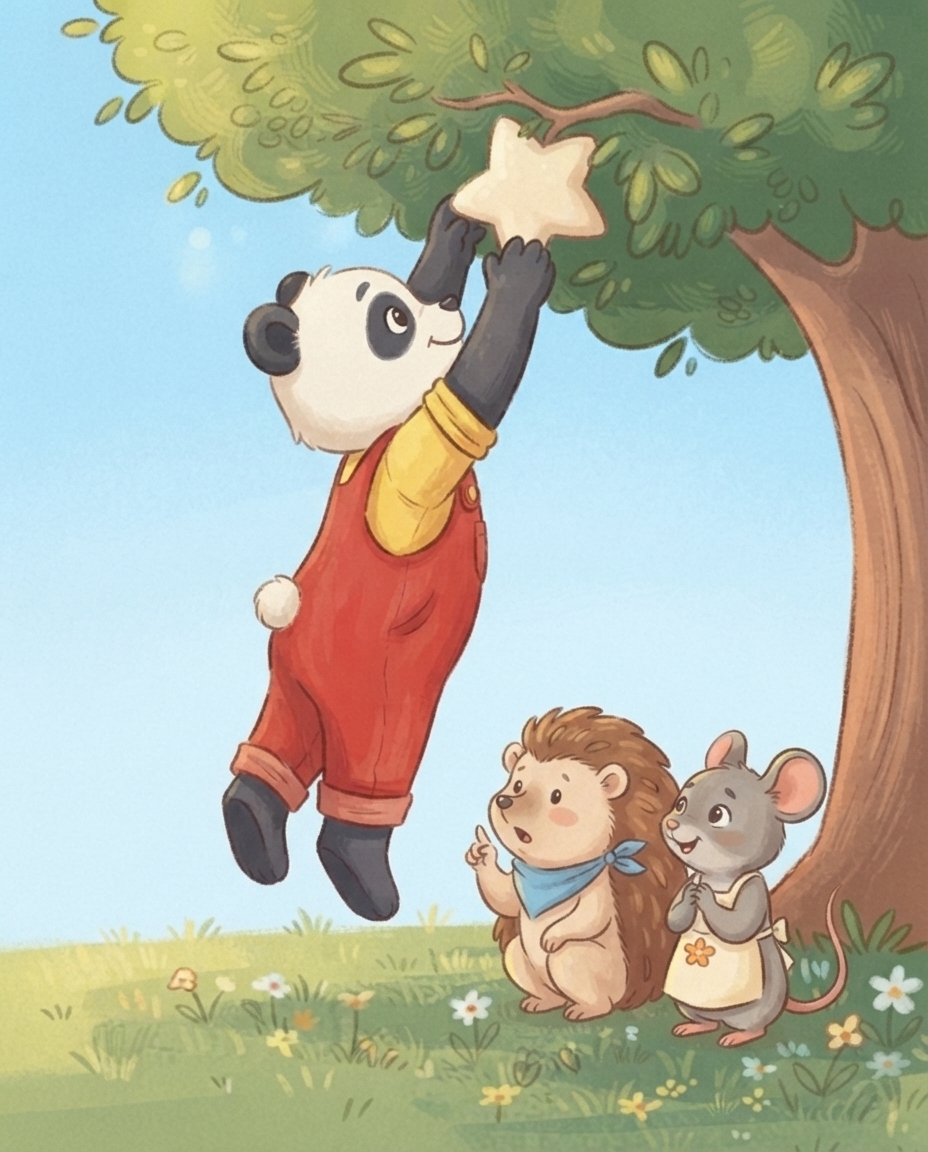 Op de tel van drie springt Pip omhoog en grijpt de sterren-knuffel van de tak, terwijl Egon meetelt en Mimi juicht.