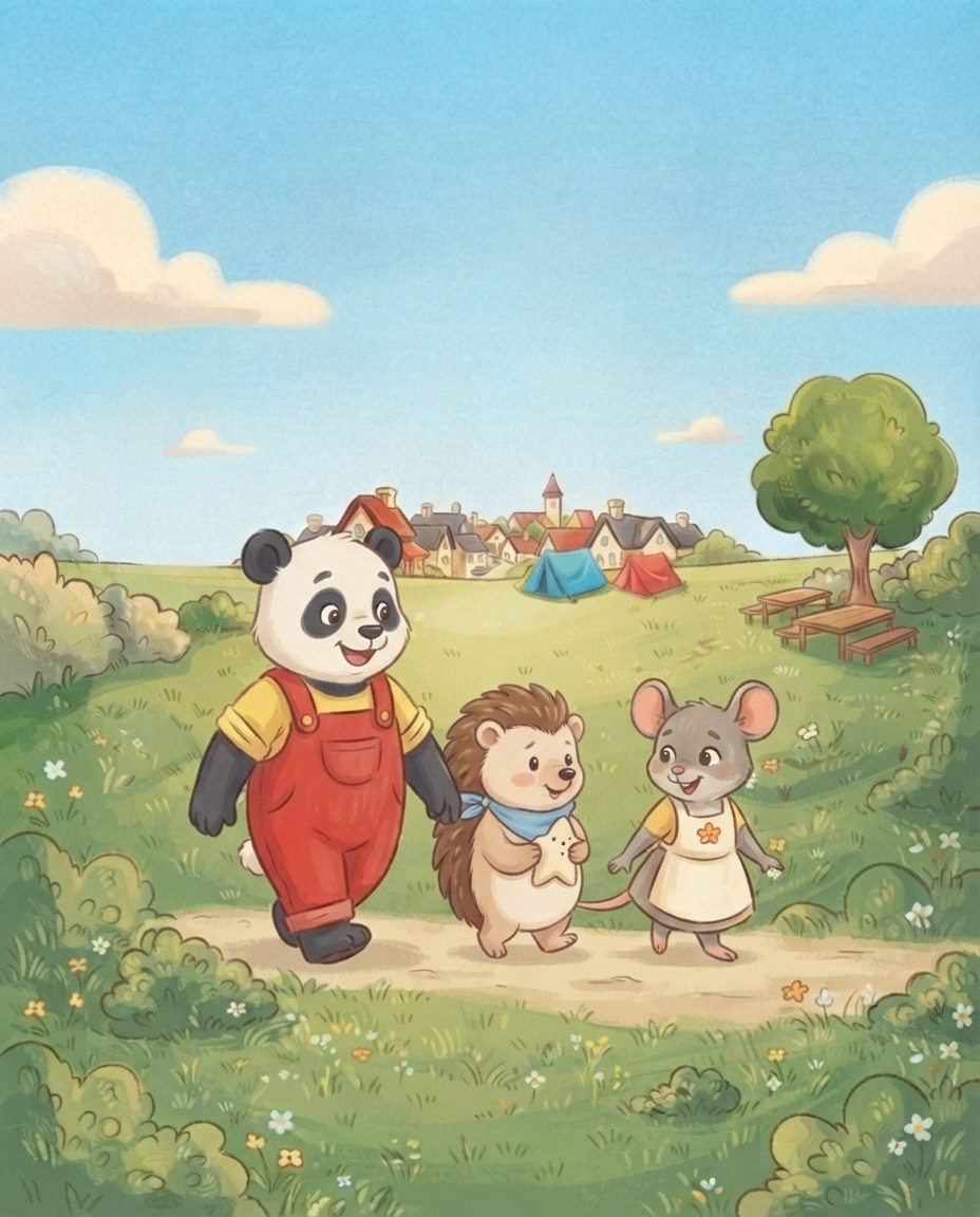 Egon huppelt vrolijk tussen Pip en Mimi in naar de grote speelweide, met zijn sterren-knuffel nog in zijn pootjes.