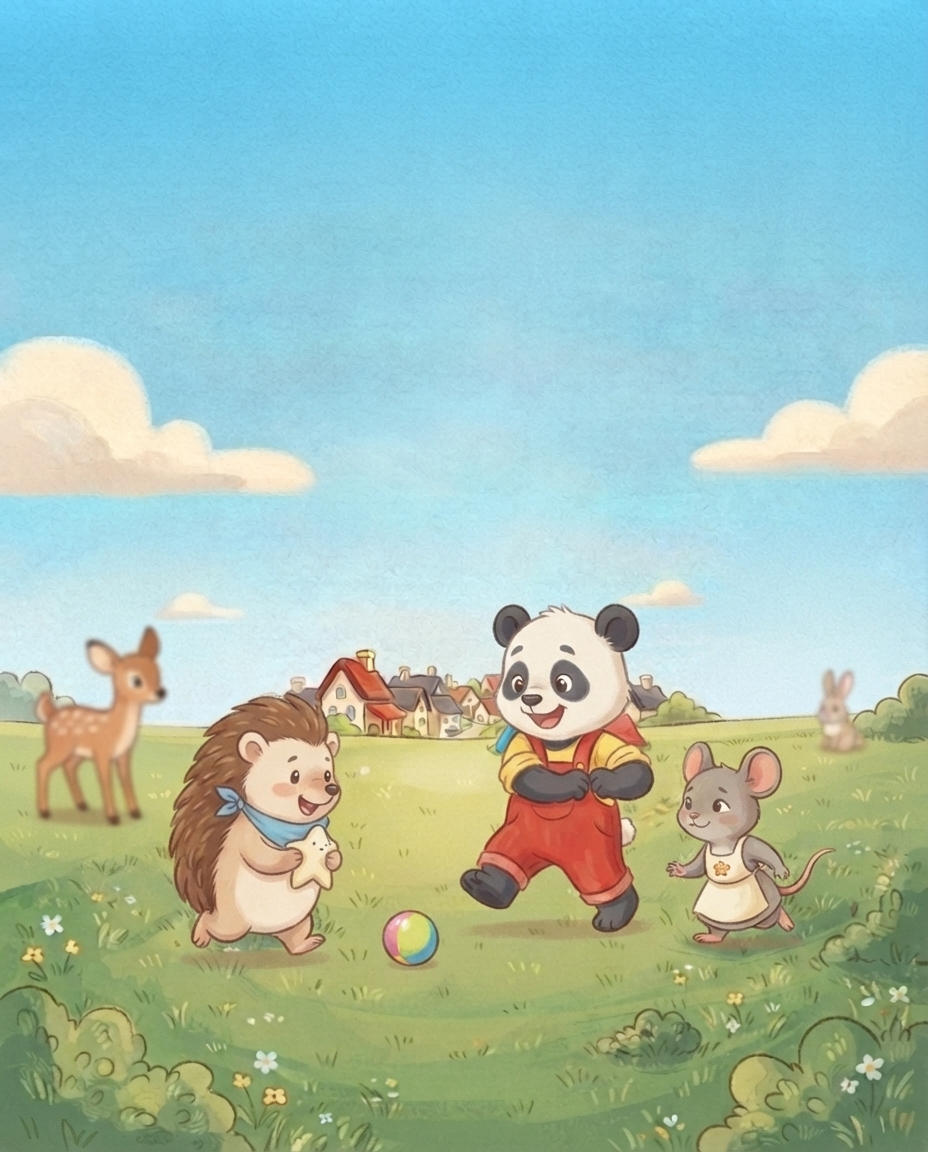 Op de zonnige speelweide speelt Egon vrolijk mee met Pip, Mimi en andere dieren, terwijl Pip trots grijnzend zijn mouwen weer naar beneden stroopt.